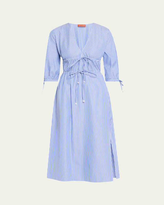 Donrine V-Neck Striped 3/4-Sleeve Midi Dress